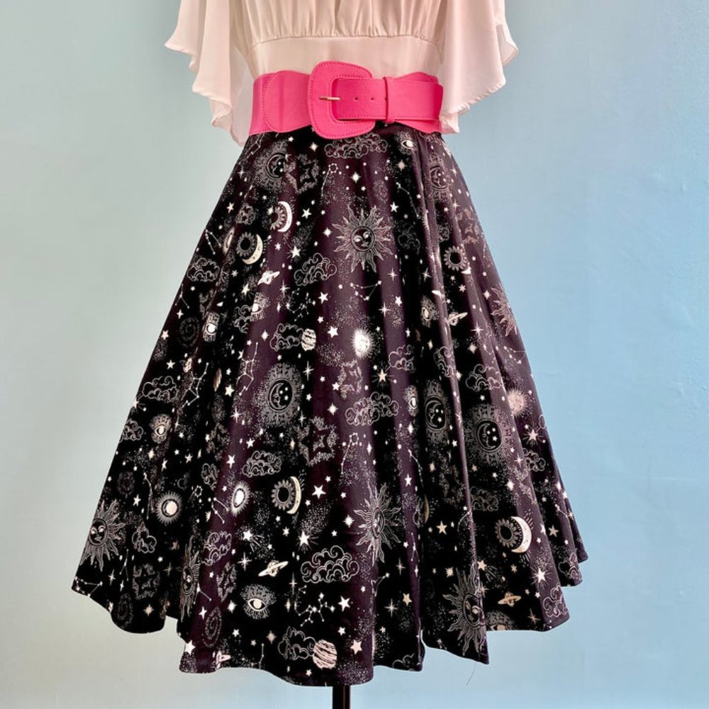 A-Line Skirt with Celestial Print - Black and Pink